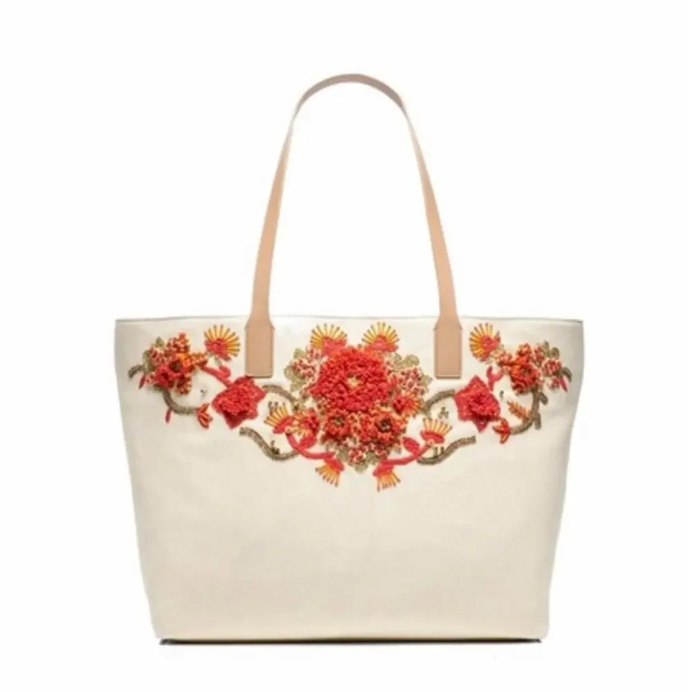 Tory Burch Rodeo Drive Ltd. Ed. Canvas Hand-Beaded Large Tote Bag Beach NWOT